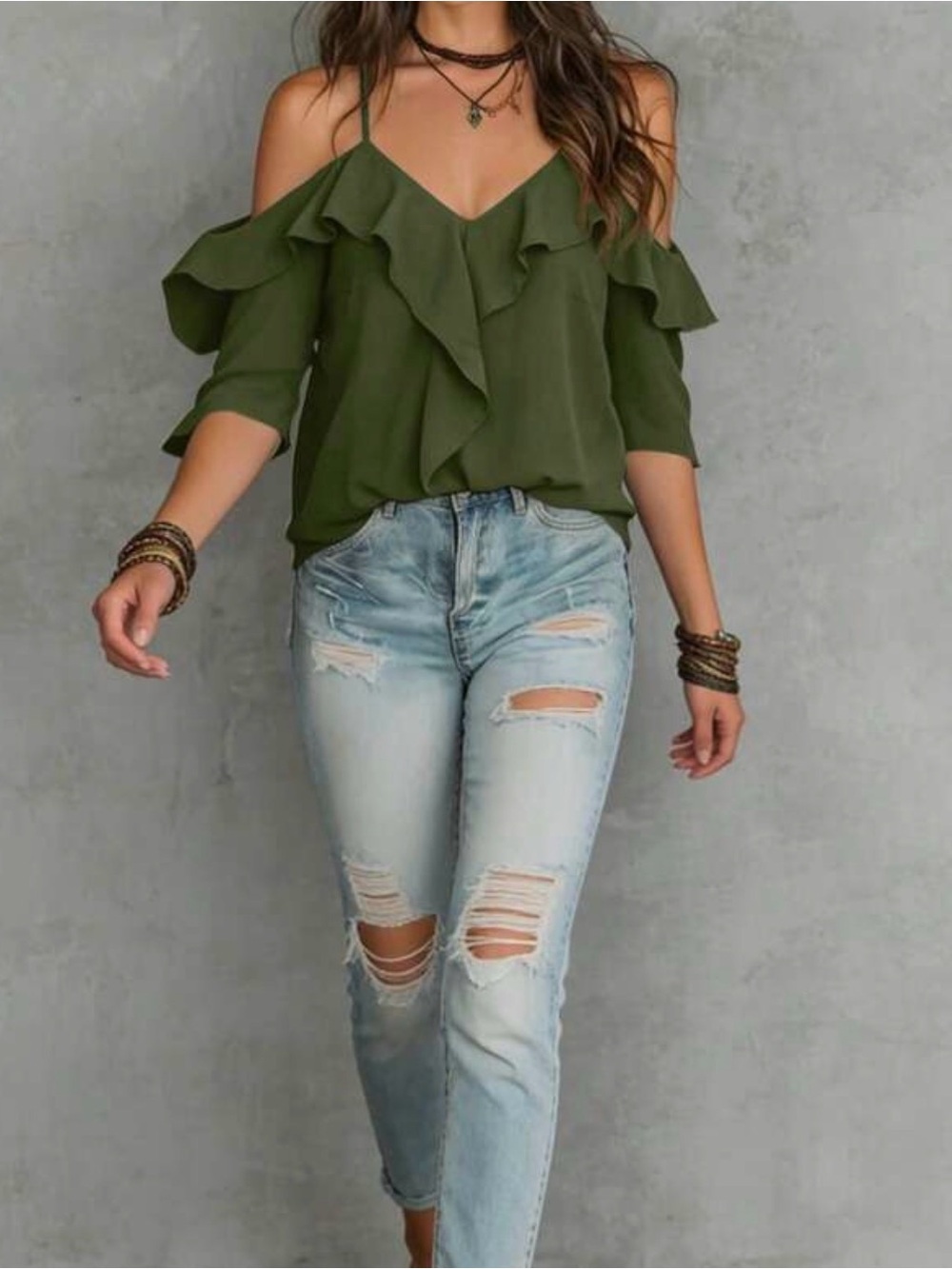 Boho Ruffle Detail Cold Shoulder Blouse - Picture 4 of 5